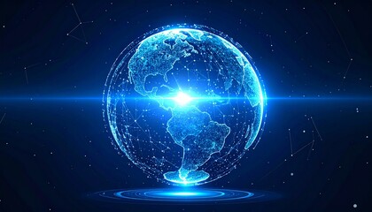 Obraz premium A digital representation of planet earth, glowing and connected with a network of lines and dots, showcasing a futuristic and technological concept