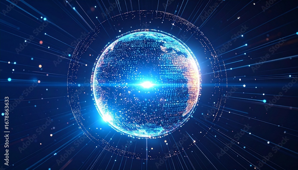 Poster a digital representation of earth, highlighting the interconnectedness of global networks and data f