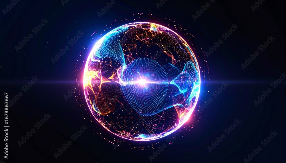 Poster a stunning digital depiction of a glowing sphere of data and technology, pulsating with vibrant ener