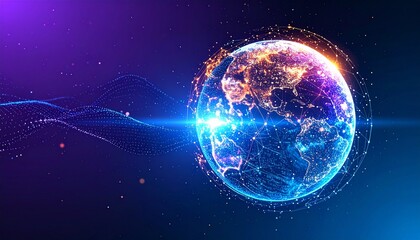 Fototapeta premium A stunning digital depiction of Earth, encircled by a glowing aura, showcases a vibrant view of our planet. The artwork beautifully captures the intricate network of digital and physical connections.