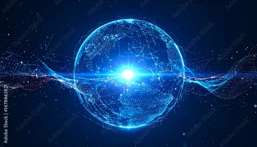 Poster a stunning visualization of a digital globe, showcasing a network of interconnected data and informa