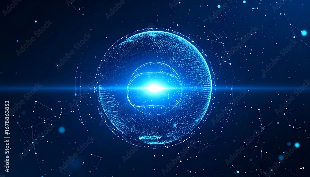 Poster an abstract representation of a glowing sphere in a digital world. the sphere is surrounded by inter