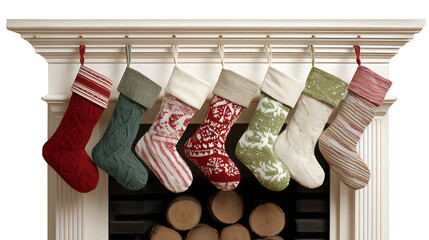 christmas socks on a brick fireplace mantel isolated 