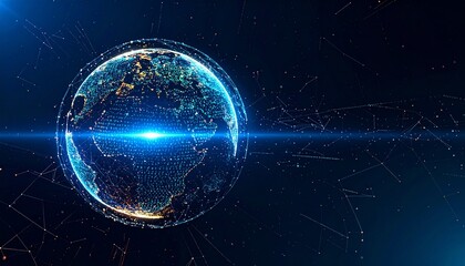 A digital illustration of Earth, radiating with light and connected by lines, symbolizing global networks and connectivity.