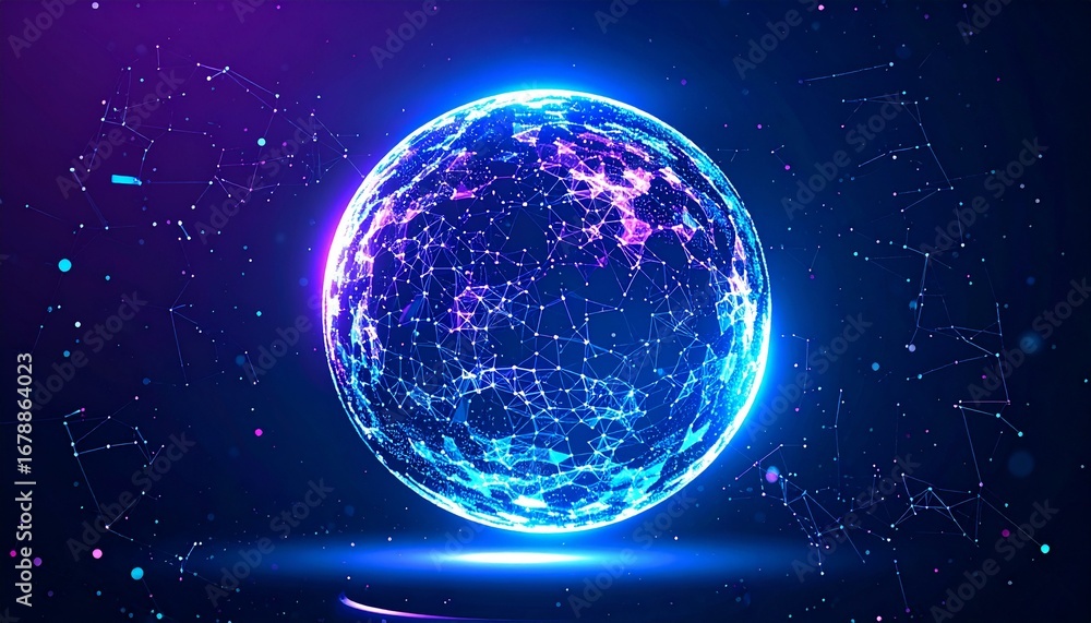 Poster a glowing orb with connected light patterns in space
