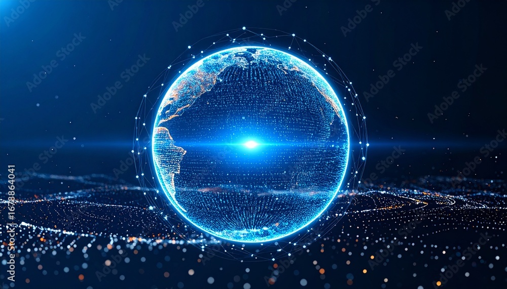 Poster a digital globe rendered with a network of connections, representing the interconnectedness of the m