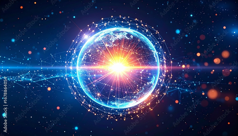 Poster a glowing futuristic orb in space, representing data and connection, emitting light