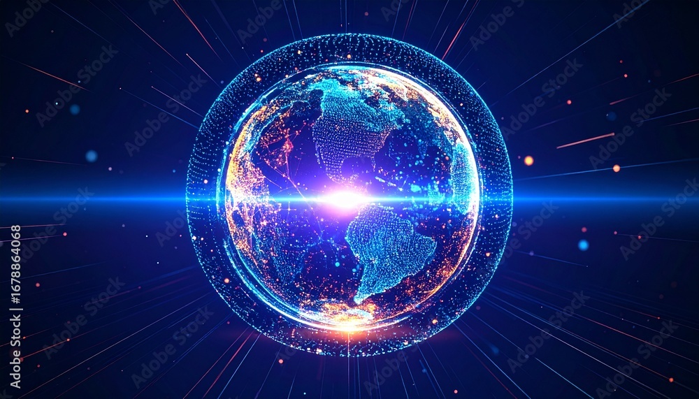 Poster an illustrative representation of planet earth, highlighting data and the interconnectedness of the 