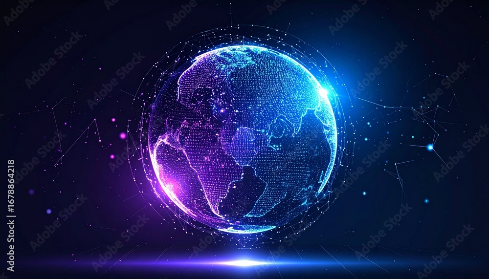 Poster digital world in the universe, earth's future as seen through an illuminated digital interface with 