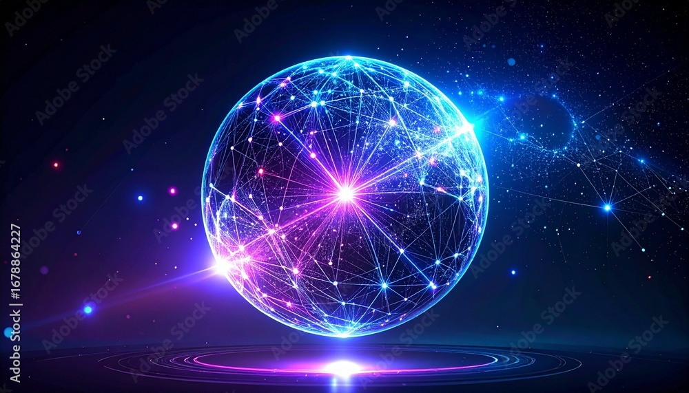 Poster an intricate, luminous digital sphere. the sphere is interconnected by a web of bright lines and glo