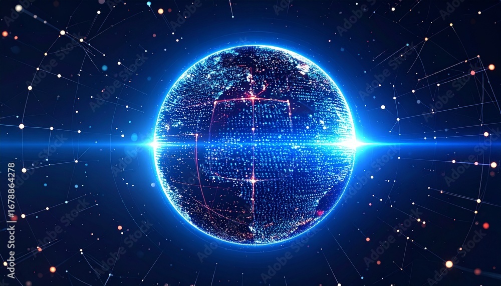Poster a globe rendered in digital data, conveying a sense of global interconnectedness and technological a