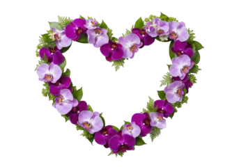 Heartshaped arrangement of purple and pink orchids isolated on transparent background