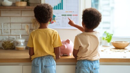 Black kids learning financial literacy, toddler studying budget planning and savings money for the future at home, AI generated