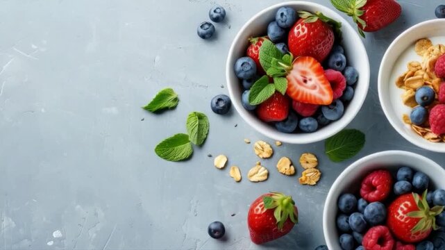 Berries and muesli in white bowls on a gray background. Useful for advertising a healthy lifestyle, cooking recipes, articles on proper nutrition, and designing menus for cafes and restaurants.
