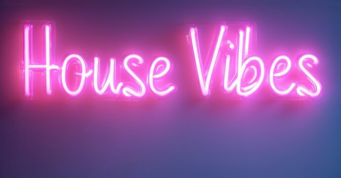 Bright pink neon sign displays House Vibes against purple gradient background. Simple typography creates modern aesthetic.