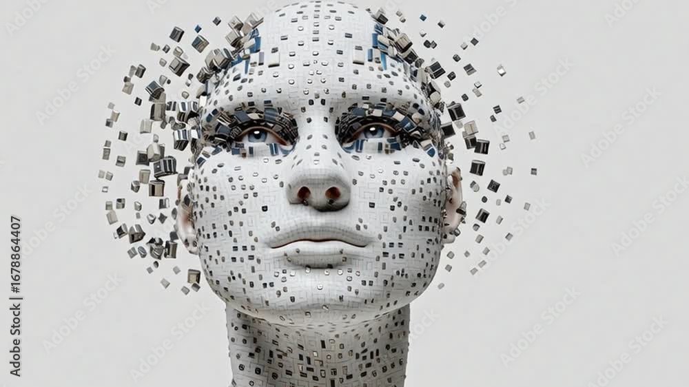 Poster a close-up view of a humanoid figure composed of numerous small digital elements, symbolizing the in