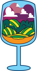 Wine Landscape Illustration – Scenic Vineyard Inside Wine Glass Concept Art