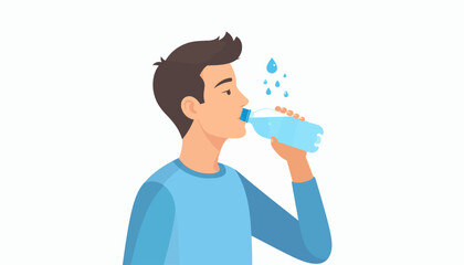 A man in a blue shirt is drinking water from a plastic bottle, with water droplets visible above, on a white background.