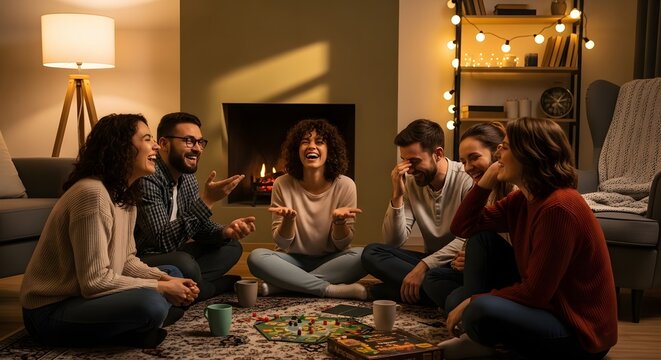 A diverse group of friends enjoys a fun board game night in a cozy, warmly lit living room.
