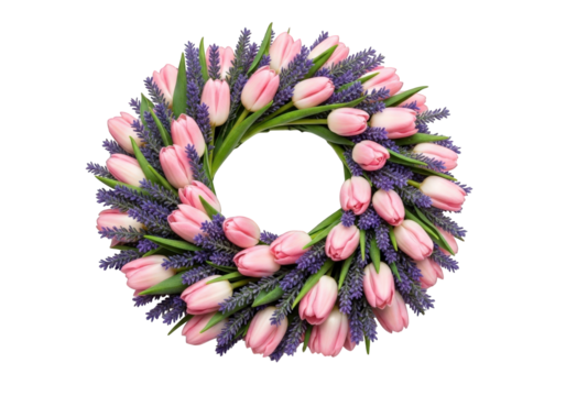 Circular floral wreath with pink tulips and lavender isolated on transparent background