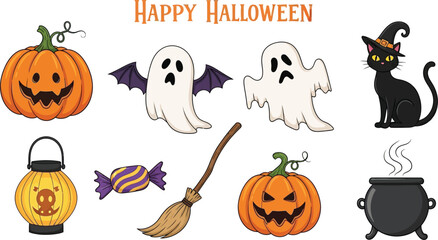 Halloween set with pumpkin, ghost, cat, cauldron, candy, broom and lantern for holiday celebration