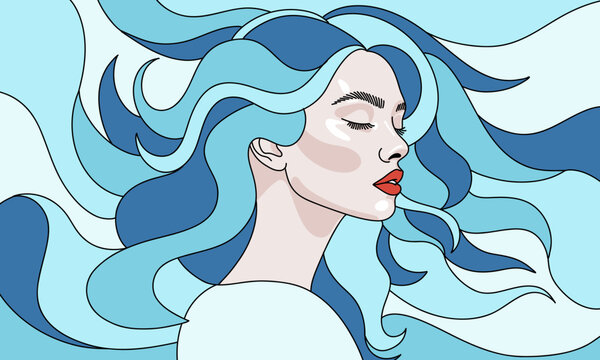 Artistic Retro Futuristic Portrait of a Woman with Blue Wavy Hair Banner Background