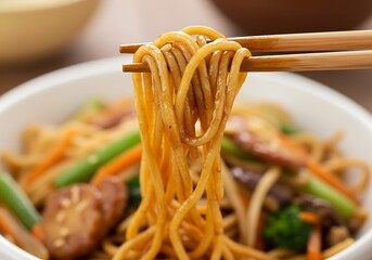 Noodles and vegetables with chopsticks