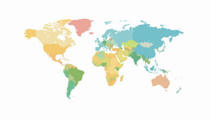 A colorful, simplified world map with countries depicted in various pastel shades, illustrating global geography.