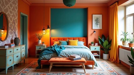 Vibrant bedroom with orange teal and yellow accents image