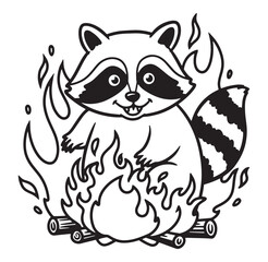 Obraz premium Cute cartoon raccoon cheerfully sitting around a campfire in a black and white illustration.