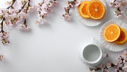 Spring blossoms and oranges on white