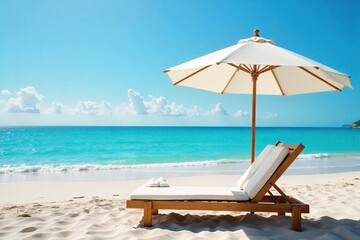 Relaxing beach scene featuring a stylish umbrella providing shade over a comfortable beach chair, perfect for a sunny day Ideal for summer vacation themes and travel promotions , chair, beach