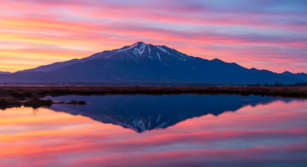 Fototapeta premium Mountain Peak Reflection at Colorful Sunrise Over Calm Lake