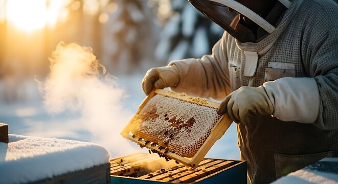 Beekeeper Inspecting Honeycomb Frames on a Grill.
