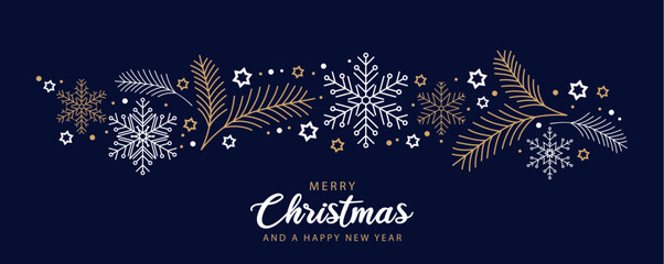 Naklejka na ściany i meble merry christmas greeting card with snowflake fir branches border vector illustration
