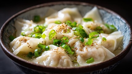 Close-up of wonton soup in a patterned bowl, topped with sesame seeds and green onions. Use it for articles about Asian food, restaurants, or authentic cuisine.