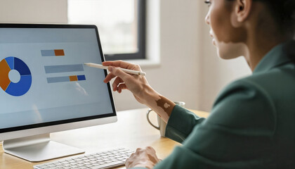 Woman with vitiligo pointing at screen while analyzing data in office  
