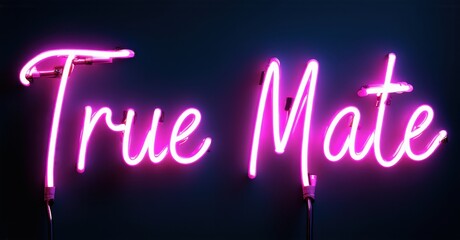 Bright pink neon sign displays words True Mate against dark blue background. Simple script font creates vibrant visual impact.