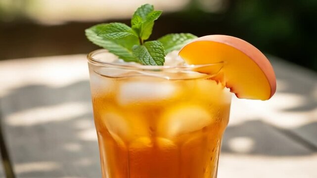 Refreshing iced tea with mint and peach slice on table