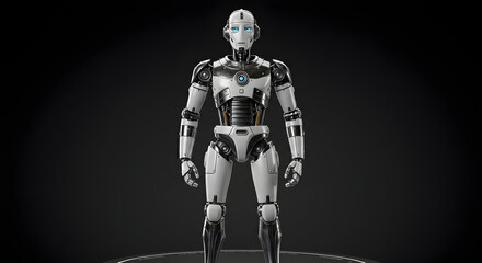 Fototapeta premium Standing Humanoid Robot with Futuristic Design Against Dark Background