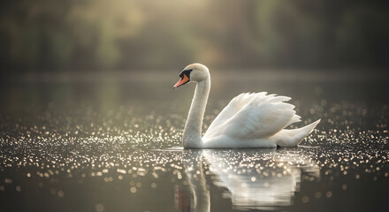 Swan Swimming on Lake at Golden Hour with Reflections