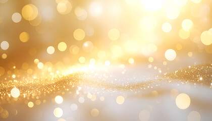 Festive gold glitter background with glowing bokeh lights and shimmering particles for a magical celebration