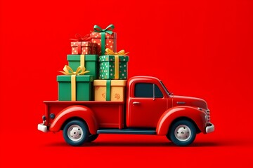Big Christmas gift packages on a red truck ready to be delivered