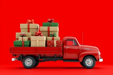 Big Christmas gift packages on a red truck ready to be delivered
