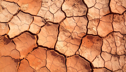 Top-down aerial view of dry cracked soil ground texture, a desolate background representing drought and global warming