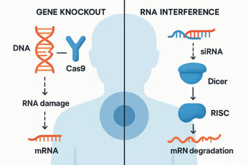 Vector graphic showing gene knockout and RNA interference using Cas9 and siRNA, ideal for molecular biology and medical diagrams.