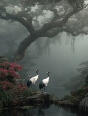 beautiful landscape with herons on the river bank
