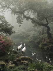 beautiful landscape with herons on the river bank