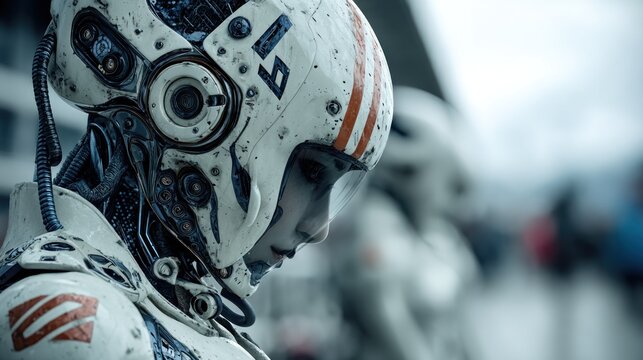 Futuristic Cyborg Pilot with Advanced Helmet and Intricate Mechanical Details