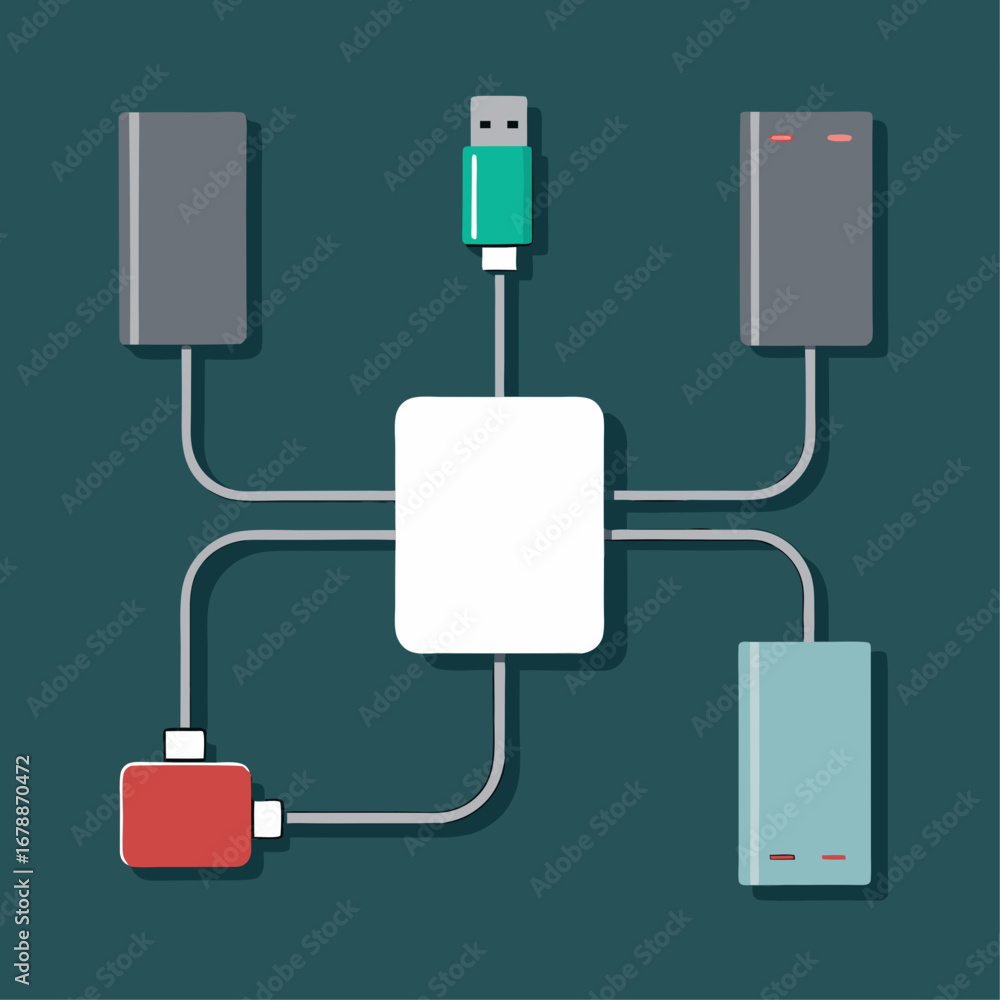 Poster a white box with four black cords coming out of it. the cords are of different lengths and are conne